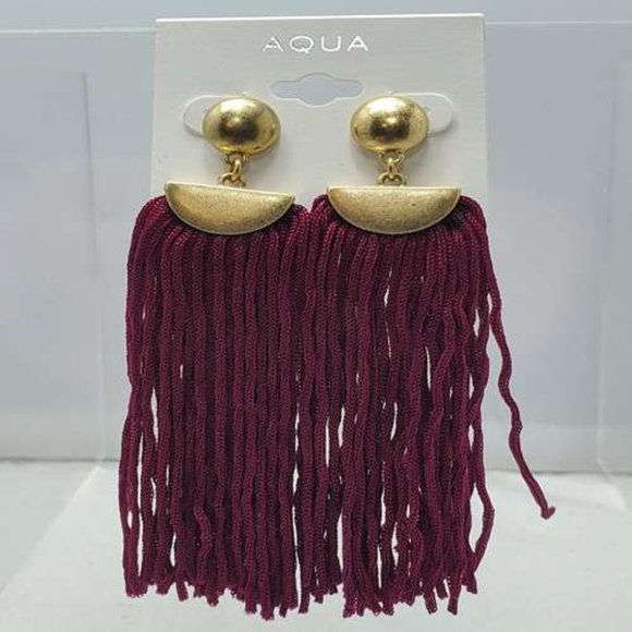AQUA BURGUNDY FRINGE TASSEL PIERCED EARRING GOLD TOP - Picture 1 of 6